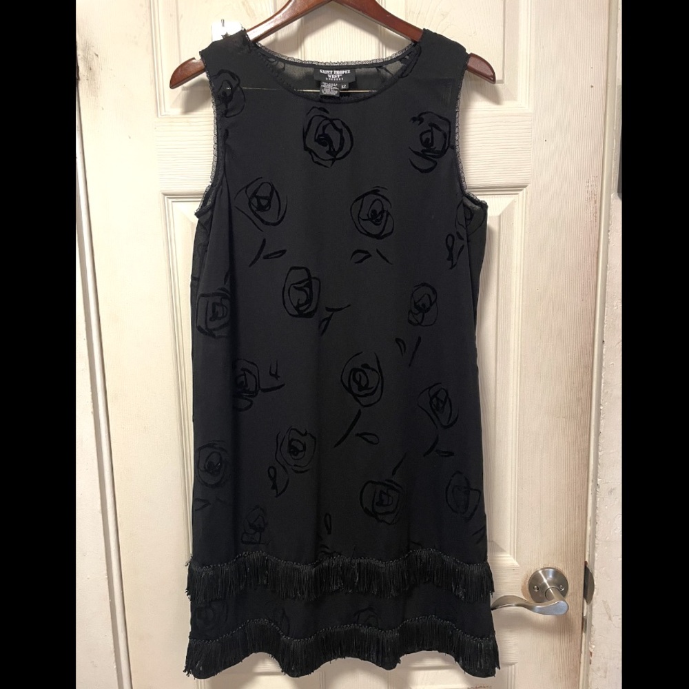 Vtg Saint Tropez West Midi Dress 12 Black Fringe Velvet Flower Sleeveless EUC